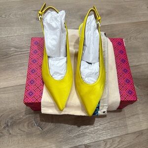 Tory Burch Satin Yellow Slingback Pumps